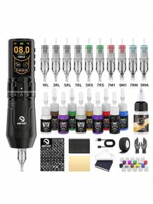 DQFART Wireless Tattoo Gun Kit Features A 2400mAh Power Supply, LED Digital Display, 7-Stroke Brush, Adjustable Modes, And Is An All-In-One Tattoo Machine Set. It Includes A Complete Tattoo Pen Kit With Tattoo Needles And Ink, Suitable For Beginners And Artists Alike. - Multicolor - View 1
