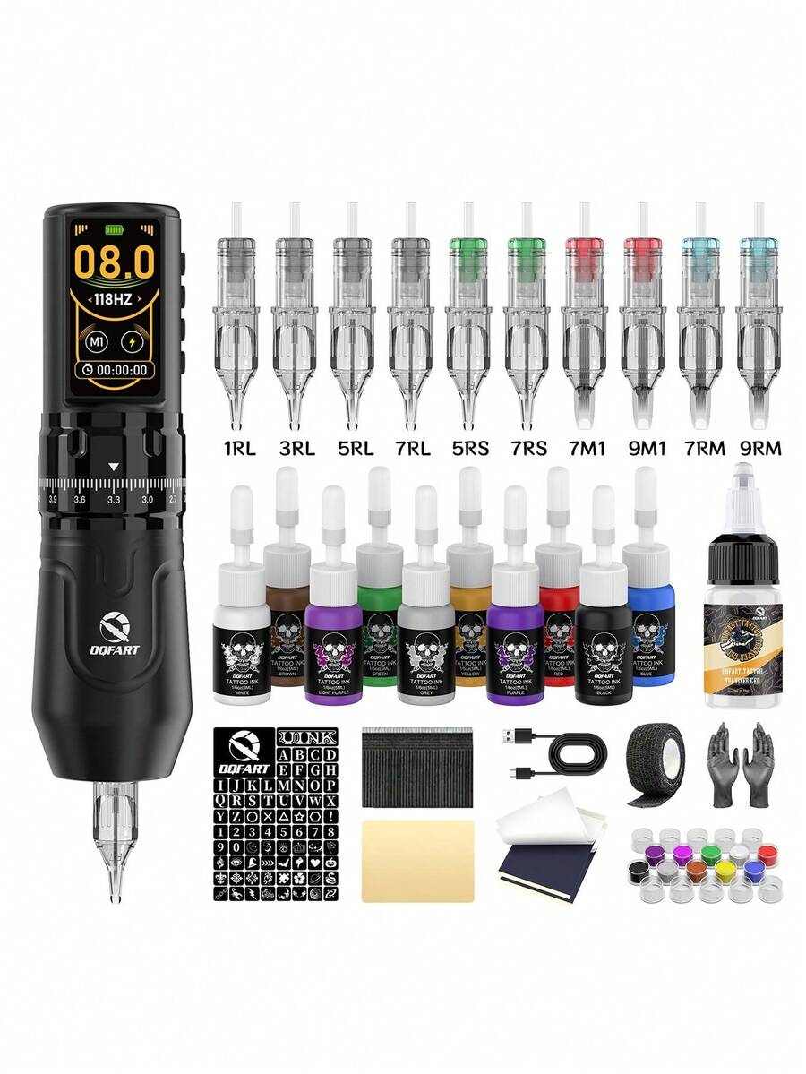 DQFART Wireless Tattoo Gun Kit Features A 2400mAh Power Supply, LED Digital Display, 7-Stroke Brush, Adjustable Modes, And Is An All-In-One Tattoo Machine Set. It Includes A Complete Tattoo Pen Kit With Tattoo Needles And Ink, Suitable For Beginners And Artists Alike. - Multicolor - View 1