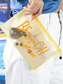 防水時尚海灘包，印有「Beach Please」海星圖案。大容量透明化妝包配尼龍拉鍊 - 輕量，適合春夏收納，完美適用於游泳、海灘、潛水和夏季度假、返校，輕量防曬收納包，適合朋友、家人、閨蜜、同學。生日、節日、派對、婚禮（伴娘）、教師節的完美禮物與紀念品，郵輪必備，夏季度假禮物 - 彩色 - 查看 3