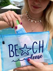 防水時尚海灘包，印有「Beach Please」海星圖案。大容量透明化妝包配尼龍拉鍊 - 輕量，適合春夏收納，完美適用於游泳、海灘、潛水和夏季度假、返校，輕量防曬收納包，適合朋友、家人、閨蜜、同學。生日、節日、派對、婚禮（伴娘）、教師節的完美禮物與紀念品，郵輪必備，夏季度假禮物 - 彩色 - 查看 8