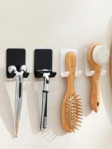 3pcs No Drill Self-Adhesive Razor Holder And Towel Hook - Wall Mounted Bathroom Storage Rack, Suitable For Tiles, Mirrors And Doors, Plastic Razor Holder And Towel Hook, Bathroom Storage Small Tool, Bathroom Essentials, Bathroom Decor Accessories - No Drilling Required - View 3
