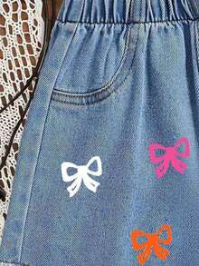 1件装女童休闲蝴蝶印花牛仔短裤，清爽活力夏日装扮 - 中等水洗藍 - 查看 5