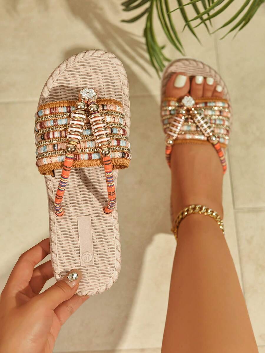 1 Đôi sandal đế bệt họa tiết hoa Paisley phong cách boho đính hạt kim loại, thời trang nghỉ dưỡng nhiệt đới, món quà mùa hè hoàn hảo - trái cam - Xem 1