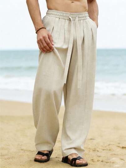 1pc Apricot Men's Linen Blend Drawstring Pants, Men's Beach Resort Trousers, Elastic Waist, Men's Wide Leg Pants, Resort Style, Machine Washable, Summer High Waist Loose Pleated Relaxed Fit Straight Leg Casual Pants, Suitable For Vacation, Beach, Seaside Wear