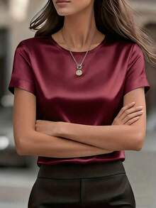 Women's Elegant Round Neck Satin Short Sleeve Blouse, Suitable For Spring And Summer - Red - View 3