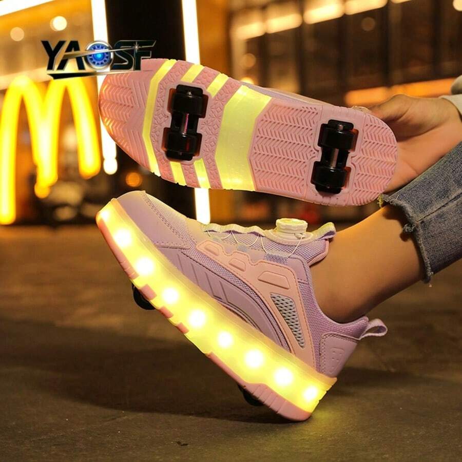 YAOSF品牌LED发光轮滑鞋，高级LED轮滑鞋，升级版，适合儿童和青少年，发光鞋带，可伸缩轮子，滑板鞋，时尚发光休闲运动鞋