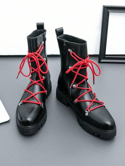 秋冬新款舒适耐穿日常通勤简约纯色透气复古休闲鞋，男士高帮复古多功能户外徒步靴，男士系带牛仔靴，大码