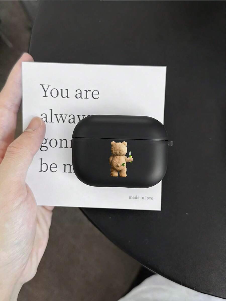 1个极简泰迪熊耳机保护套，兼容苹果Pro 2、Pro 3/4，磨砂保护套 - 黑色 - 查看 1