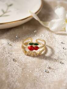 1 pieza Anillo abierto con forma de cereza chapado en oro de 18K, incrustado con circonita, adecuado para niñas jóvenes, madres, maestras, estilo bohemio, esencial para playa de verano, viajes, fiestas, carnaval/graduación, baile/fiesta/accesorio diario, joyería dorada, regalo de vuelta al colegio/cumpleaños - Dorado - Ver 6