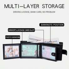 RFID Blocking Genuine Leather Wallet, Multifunctional Card Holder, Tri-Fold Wallet With Zipper Coin Pocket, Suitable For Men And Women - Black - View 6