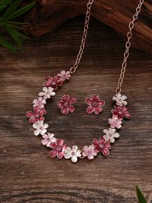 1 Set de 2 piezas de collar y aretes de joyería de estilo bohemio hawaiano con flores decorativas, un conjunto de moda de verano para mujer, adecuado como regalo para vacaciones - Caqui - Ver 13