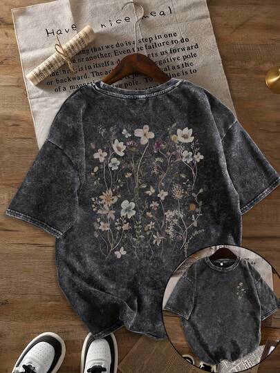 Fashionable Retro Snow-Washed Floral Print, A Stylish And Versatile Washed T-Shirt, A Must-Have For Women's Fashion Streetwear Summer Outfits 6FAV