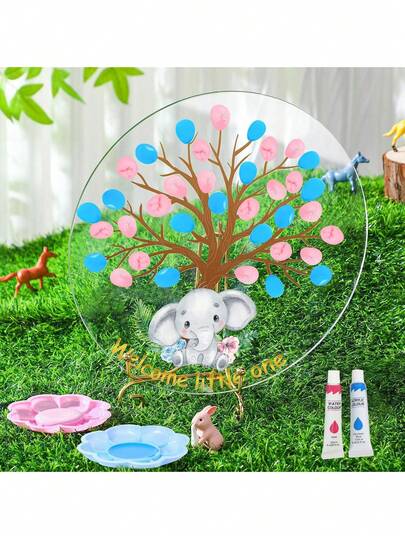 性别揭晓指纹树留言簿，性别揭晓游戏，男孩或女孩性别揭晓装饰礼物，婴儿派对用品（大象）