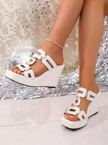 女士性感高跟坡跟凉鞋，厚底金属搭扣镂空设计，优雅单带夏季拖鞋 - 白色 - 查看 1