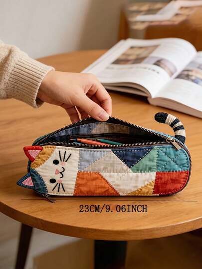 3D Cat Silhouette Shaped Cute Fabric Pencil Case, Portable Desktop Decor For School & Office, Fashionable Cat Themed Stationery