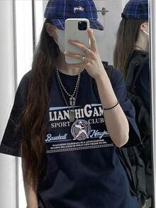 Japanese Style Women Loose Casual Crew Neck Cartoon Letter Print Short Sleeve T-Shirt, Spring/Summer - Dark Blue - View 3