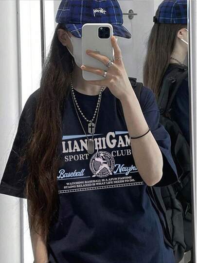 日系女式宽松休闲圆领卡通字母印花短袖T恤，春夏款