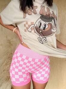 Women's Checkered Shorts – Seamless Knit Slimming Yoga Shorts, Cycling Shorts, Suitable For Casual And Athletic Activities - 粉色 - 查看 6