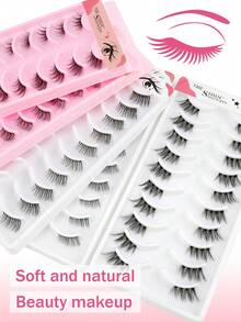 SHIDISHANGPIN 10对透明杆假睫毛，3D手工仿貂毛半眼睫毛，纤细柔软交叉卷翘延长款，适合小眼睛女孩日常及派对妆容 - 黑色 - 查看 2