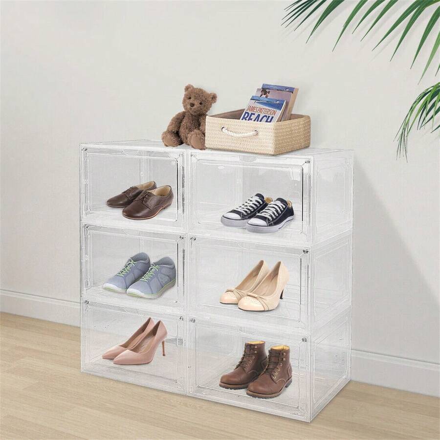 6 Pack Transparent Shoe Storage Boxes Hard Plastic Stackable Shoe Box Organiser - White - View 1