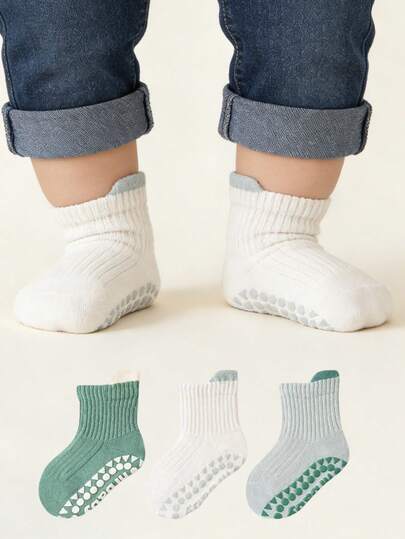 3双装幼儿及儿童纯色条纹过膝袜，可爱日常防滑婴儿室内袜
