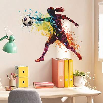 Colorful Soccer Player Wall Decal - Removable Self-Adhesive PVC Sticker, Artistic Football Mural For Bedroom, Living Room, Or Sports Room Decor, Soccer Accessories