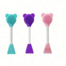 2-In-1 Bear-Shaped Silicone Facial Cleansing Brush And Mask Applicator - Dual-Ended, Battery-Free, Fragrance-Free Skincare Tool For Women, Mixing Stick, Spoon Spatula, Home Mask Care - Màu tím - Xem 2