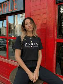 Áo thun nữ tay ngắn in họa tiết PARIS, cổ tròn, kiểu dáng thường ngày, đa năng. - màu đen - Xem 2
