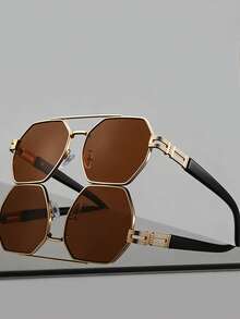 一副男士光滑金色不对称时尚眼镜，金属材质，防晒，酷炫都市风格，日常通勤款 - 彩色 - 查看 10