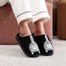 1 đôi dép bông mềm mại màu đen thêu hình mèo hoạt hình dễ thương, thích hợp cho cả nam và nữ, dùng trong nhà, phòng ngủ, mùa thu/đông, đế mềm ấm áp, món quà Giáng sinh tuyệt vời cho gia đình. - màu đen - Xem 8