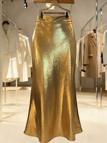 女士金色亮面雪纺半身裙，优雅休闲百搭修身半身裙 - 金色 - 查看 6