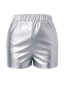LovelyWholesale 女士时尚休闲百搭Y2K风格弹力腰PU皮紧身短裤，适合夏季、派对、夜店和度假穿着。 - 銀色 - 查看 6