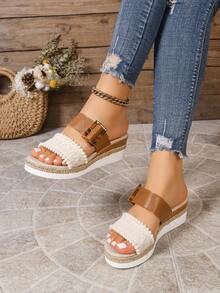 女士编织豹纹坡跟凉拖鞋，休闲露趾厚底草编拖鞋，适合夏季日常穿着和海滩度假 - 白色 - 查看 2