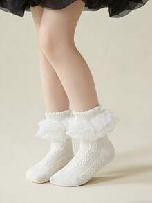 1 par de calcetines de baile hasta el tobillo de unicolor con doble capa y adorno de encaje de malla de colores dulces tipo caramelo para niños/niños pequeños - Blanco - Ver 9