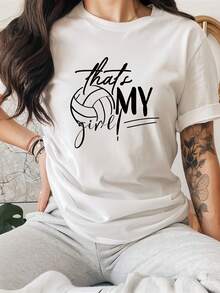 Women's Casual Round Neck Short Sleeve T-Shirt With "That's My Girl" Letter Print For Spring/Summer, Relaxed Sports Top - White - View 1