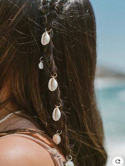 10pcs Shell Pendant Hair Rings, Beach Vacation Style Hair Accessories, Braids Decoration, Fashion Hair Clips For Women