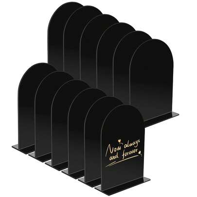 Paquete de 12 letreros de boda acrílicos de 5 X 7 pulgadas con base en forma de arco negro, pizarras en blanco para números de mesa, menú para fiesta, aniversario, evento, restaurante, cafetería y decoración