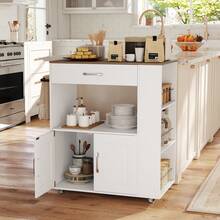 COSTWAY Kitchen Island Cart With Storage, Rolling Kitchen Island On Wheels With Large Drawer, 2-Door Cabinet, Towel Rack & 3-Tier Spice Racks, White - White - View 3