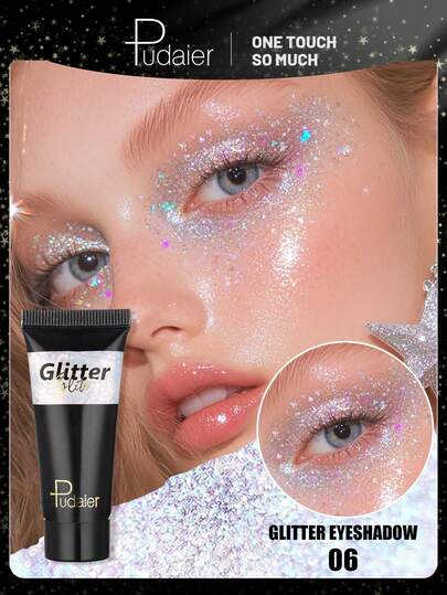 Pudaier 1支液体闪光眼影，持久防晕染，3D闪亮光泽妆效，完美适用于派对、音乐节、嘉年华、万圣节等场合。