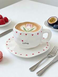 Bộ 1 tách và đĩa sứ hình trái tim, họa tiết tình yêu, tách nước cao cấp, bộ tách và đĩa trà chiều vẽ tay trang nhã, cốc cà phê đẹp, món quà lý tưởng cho phụ nữ, ngày Valentine, ngày của Mẹ. - Nhiều màu - Xem 3