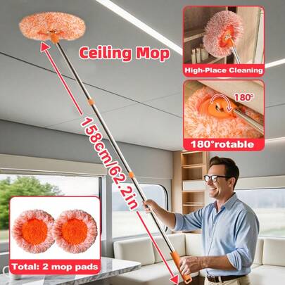 Mop para teto/parede, conjunto multifuncional com 2 cabeças de esfregão originais, adequado para tirar pó, ideal para limpar pisos, paredes, azulejos, vidros e carros, ferramenta de limpeza a seco e úmido para uma limpeza eficiente.