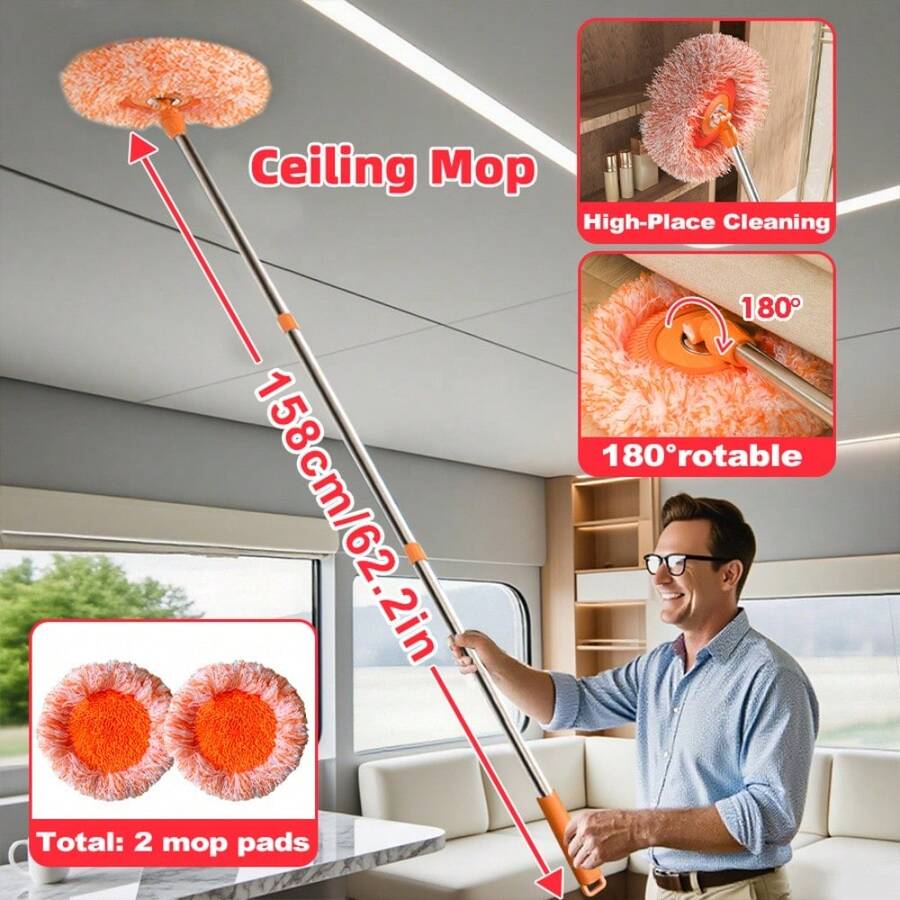 Chổi lau trần/tường, bộ chổi lau trần đa năng kèm 2 đầu lau chính hãng, thích hợp để lau bụi, lý tưởng để làm sạch sàn nhà, tường, gạch, kính và xe hơi, dụng cụ vệ sinh có chức năng sử dụng kép ướt và khô giúp loại bỏ bụi bẩn hiệu quả và cung cấp vật dụng làm sạch.
