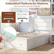 Twin Size Bed Frame W/Storage Drawers Headboard Wooden Slat&Enclosed Base - trắng - Xem 8