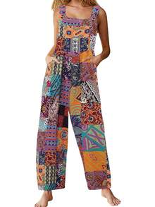 Bohemian Women's Loose Floral Bib Overall Jumpsuit With Pockets Patchwork Wide Leg Adjustable Strap Beach Vacation Outfits Summer - 橘色 - 查看 2