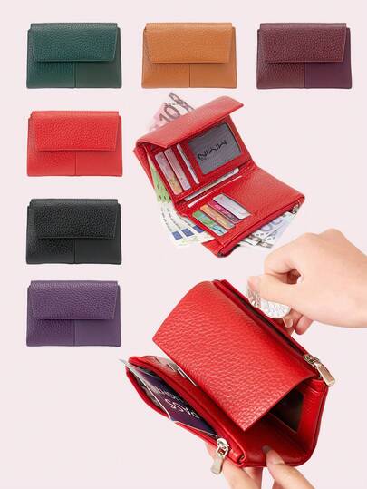 新款RFID多功能三折短款钱包，复古皮革质感软皮手提包，时尚女士钱包。女士零钱包迷你钱包小巧可爱钱包旅行必备夏季酒红色钱包