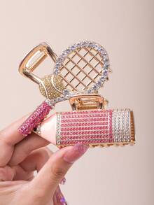 1 Piece Women's Unique Design Pencil Tennis Racket, Rhinestone-Embellished, Fashionable Cute Cartoon Half-Up Hair Claw Clip Hair Accessory Hairpin - Multicolor - View 1