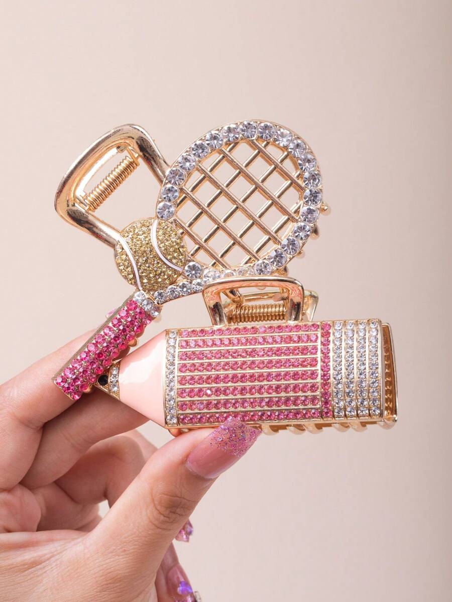 1 Piece Women's Unique Design Pencil Tennis Racket, Rhinestone-Embellished, Fashionable Cute Cartoon Half-Up Hair Claw Clip Hair Accessory Hairpin - Multicolor - View 1