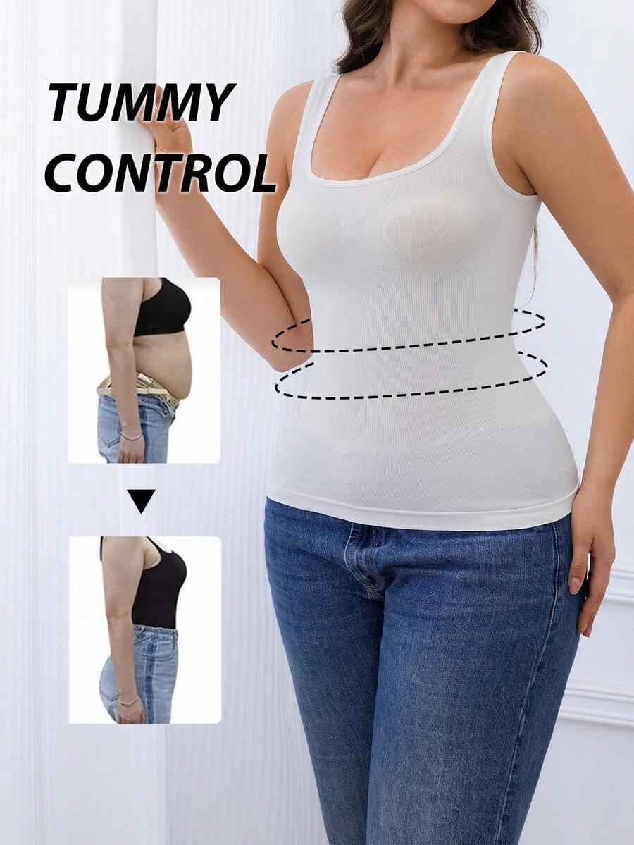 1件装女士无袖针织背心，修身基本款休闲日常穿着，无缝压缩上衣，女士无缝白色塑身衣，收腹提臀，收腹塑形 - 白色 - 查看 1