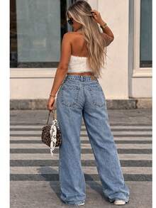 Calça Wide Leg Feminina Confortável Casual Versátil Elegante Moderna Qualidade Blogueira - Lavagem clara - Visão 4