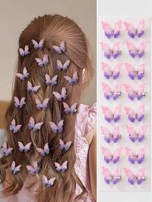 10pcs/Set Baby Girls Pink & Purple Double Layer Rhinestone Transparent Chiffon Butterfly Small Hair Clips, Adorable Princess Hair Accessories - Multicolor - View 8